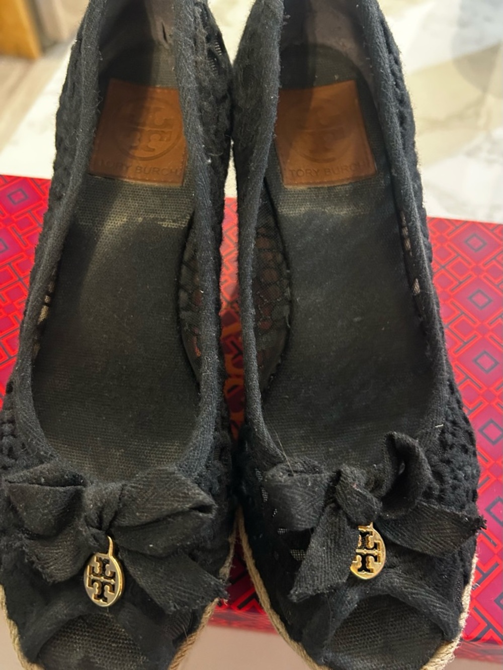 Tory Burch Black Bow Espadrille Flats with Gold Logo Charm